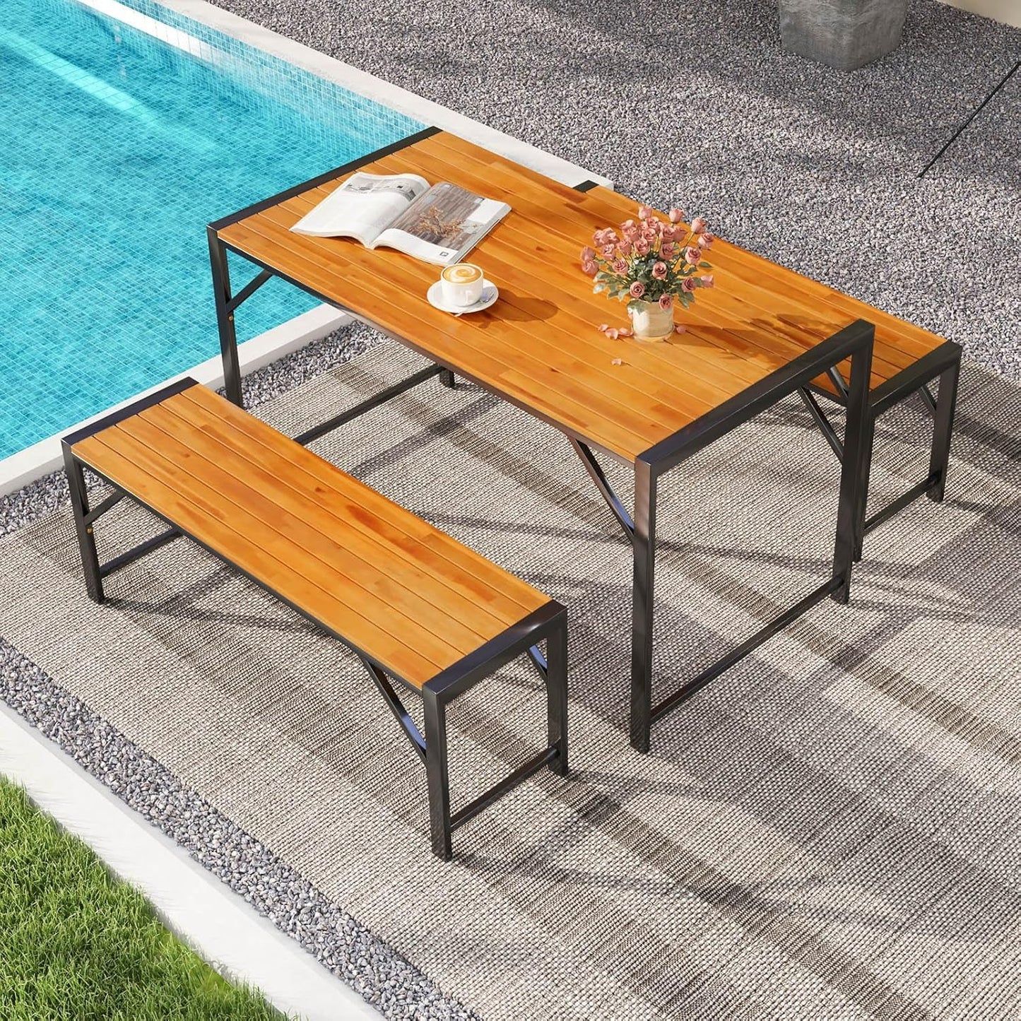 3 Piece Patio Dining Set For Six With 53 Inch Acacia Wood Table And Space Saving Benches