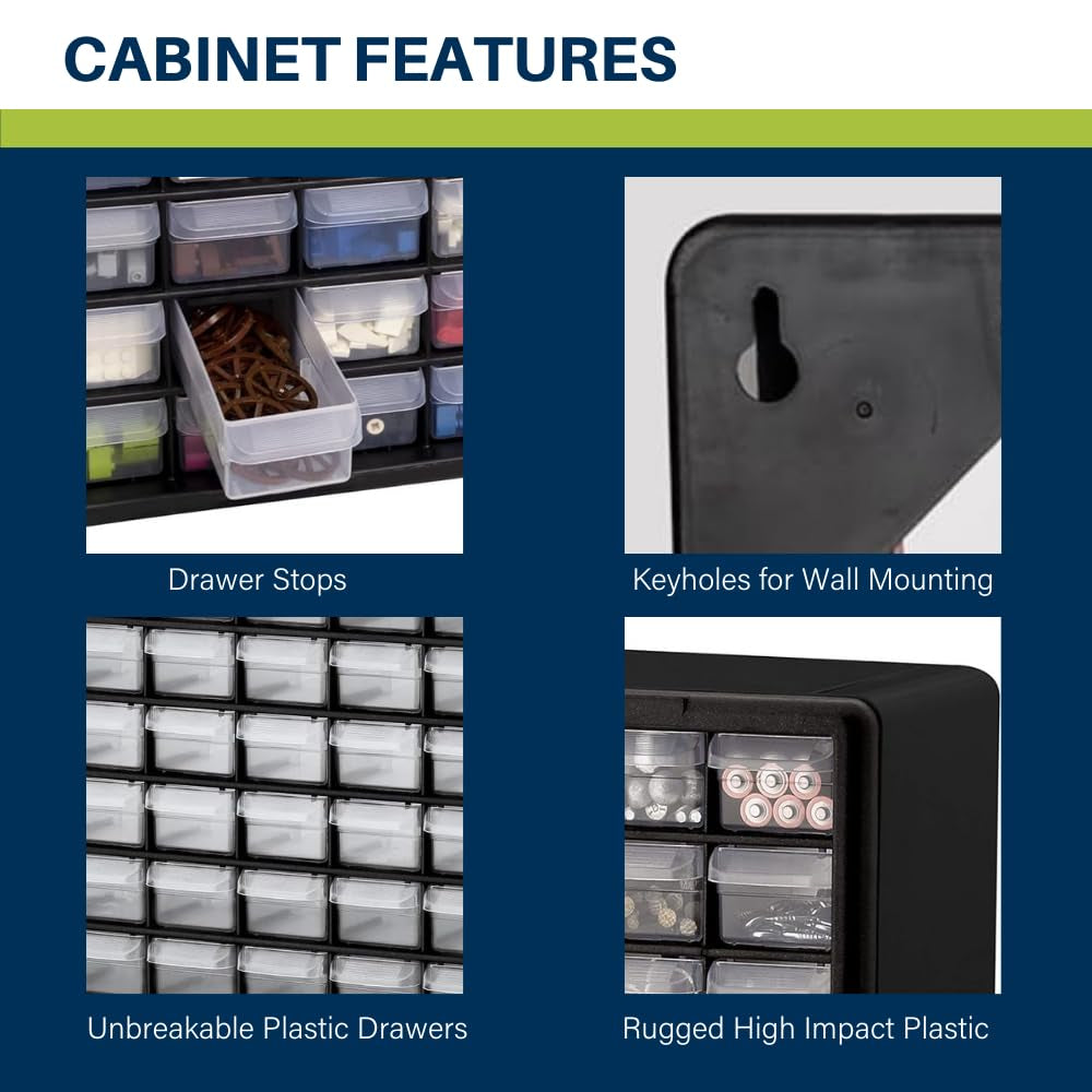 64-Drawer Plastic Drawer Storage Cabinet for Garage Organization, Bead Organizer, Building Bricks Storage, Teacher Toolbox, Makeup Organizer, 20-Inch W X 6-Inch D X 16-Inch H, 10164 Black