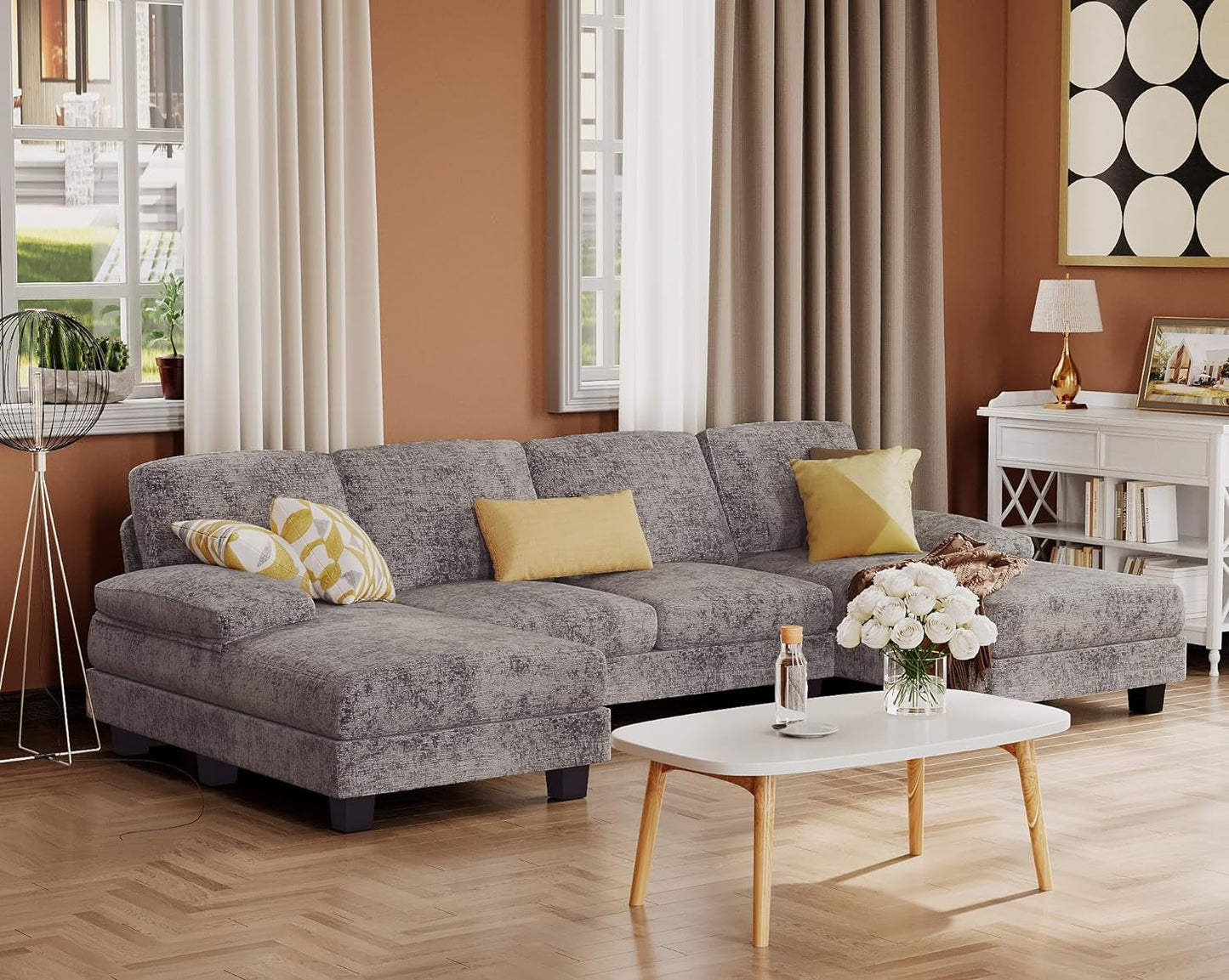 Grey Linen U Shaped Sectional Sofa Couch 4 Seat With Double Chaise