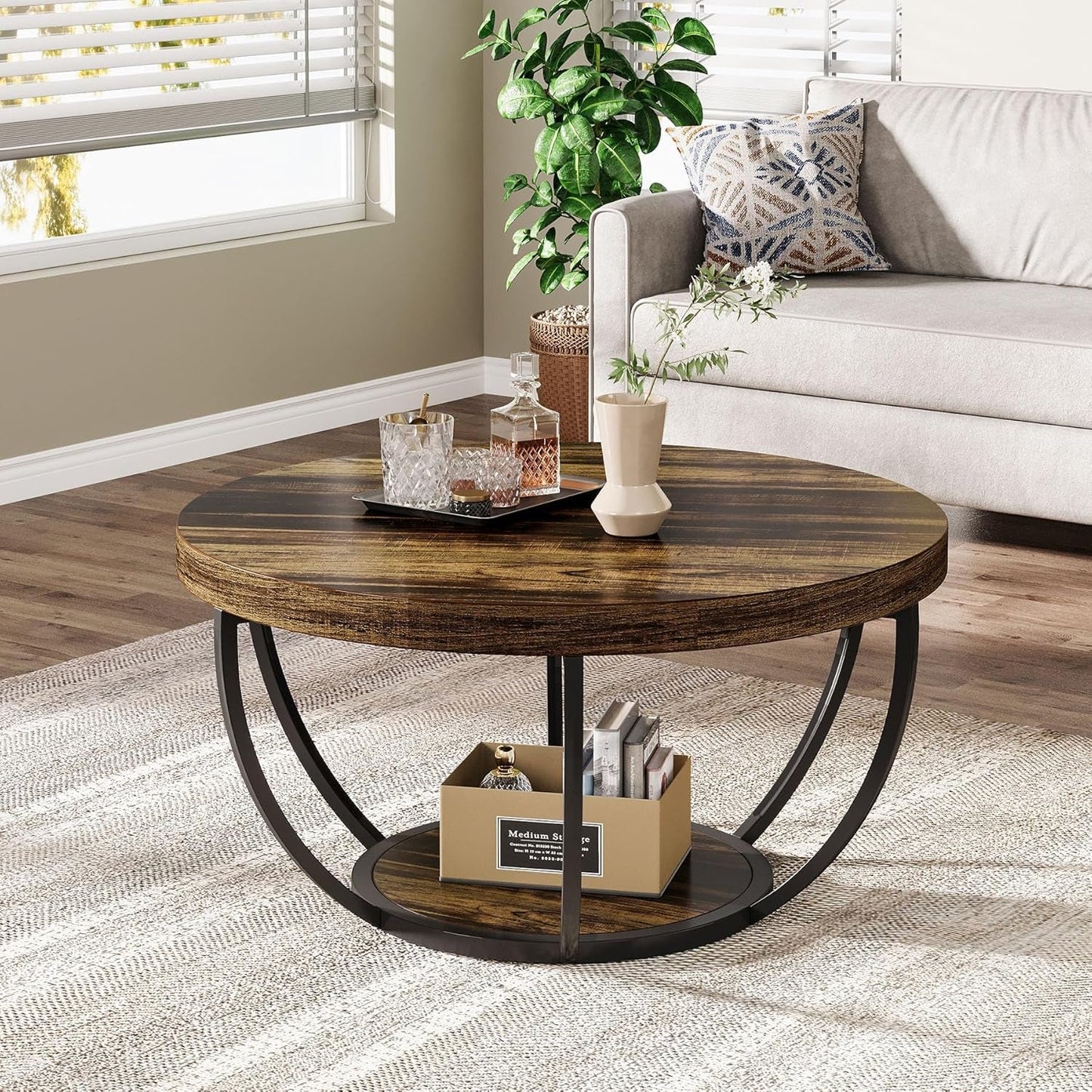 Round Coffee Table 31.7Inches Rustic Brown Storage