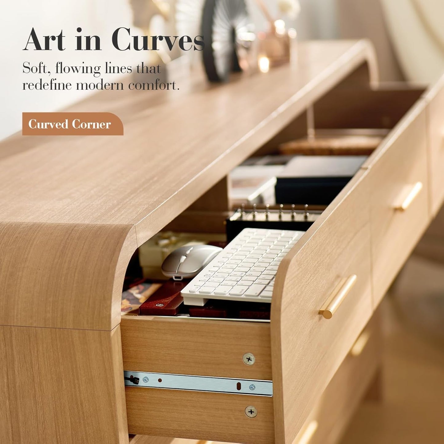 Solid Oak Curved Nine Drawer Dresser Sixty Three Inches