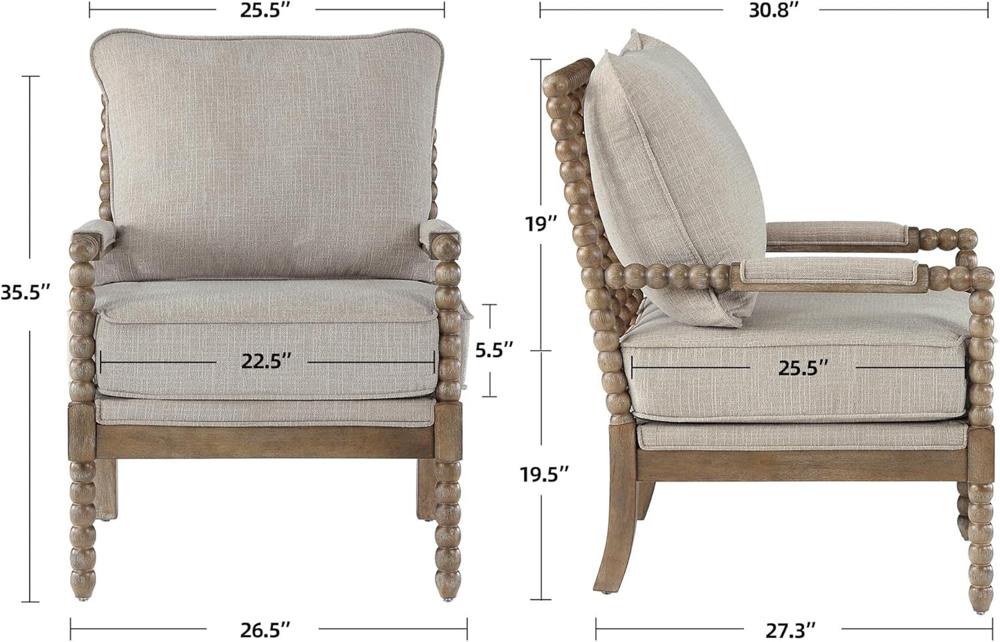 Linen Spindle Accent Chairs Set Of 2 Cushioned Armrests