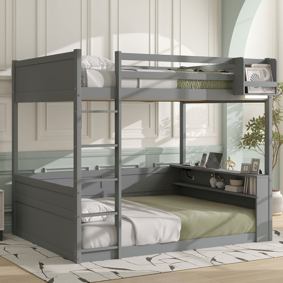 Queen Size Wooden Bunk Bed with Built-in Shelves and Storage
