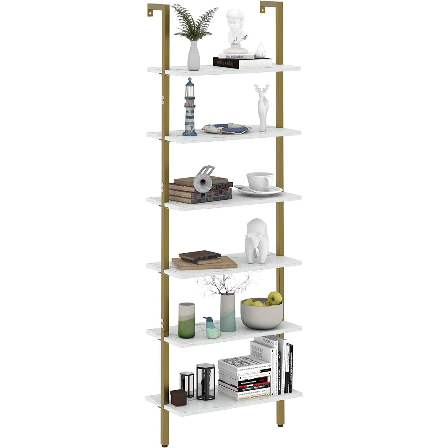 Marble White 6 Tier Ladder Shelf Bookcase Wall Mounted