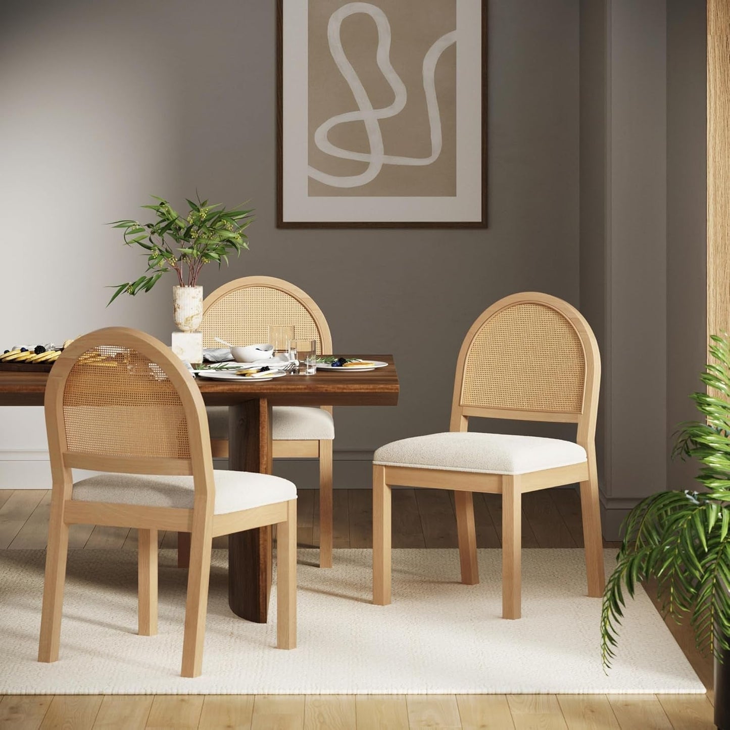 Bailey 19 Inch Boucle Dining Chair With Rattan Back And Wood Legs