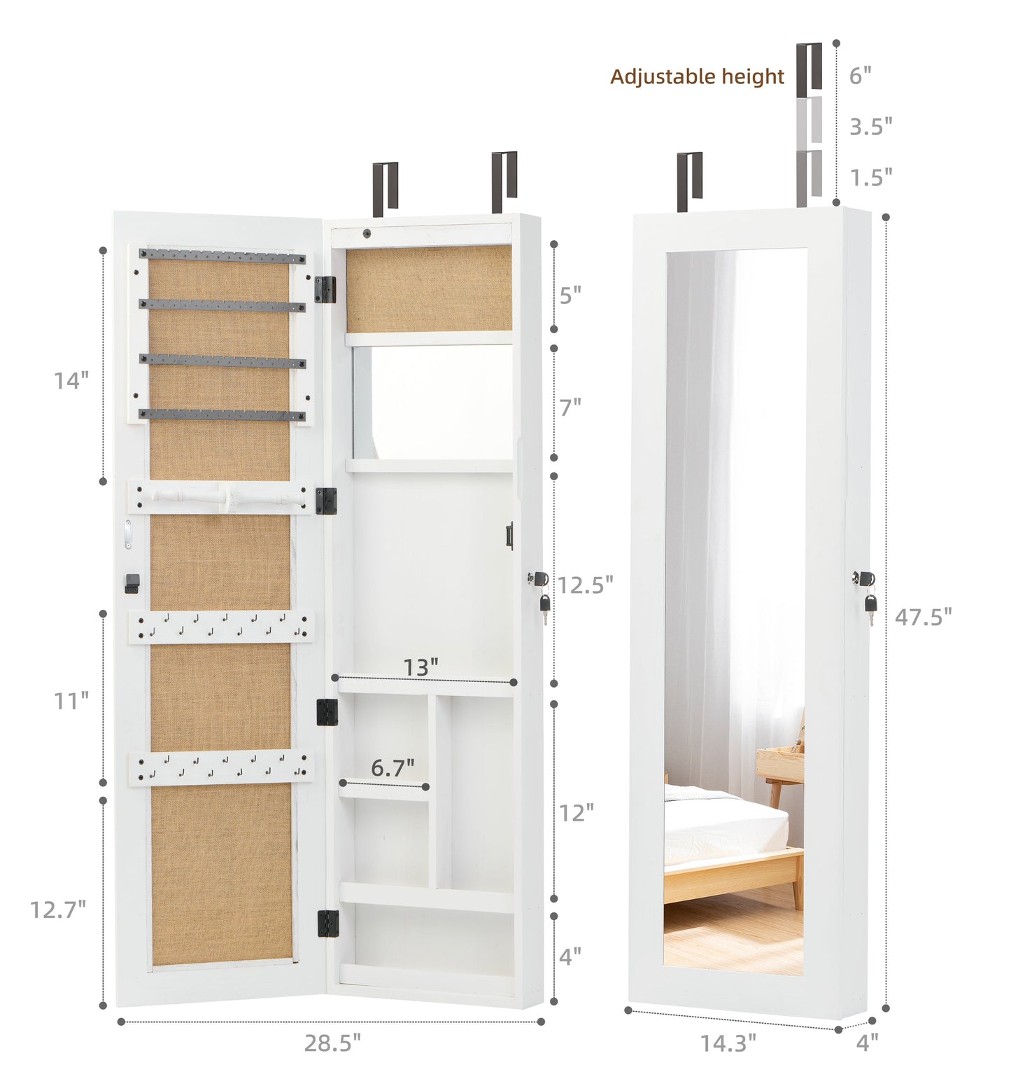 Solid Wood Jewelry Armoire Organizer Cabinet with Full-Length Mirror
