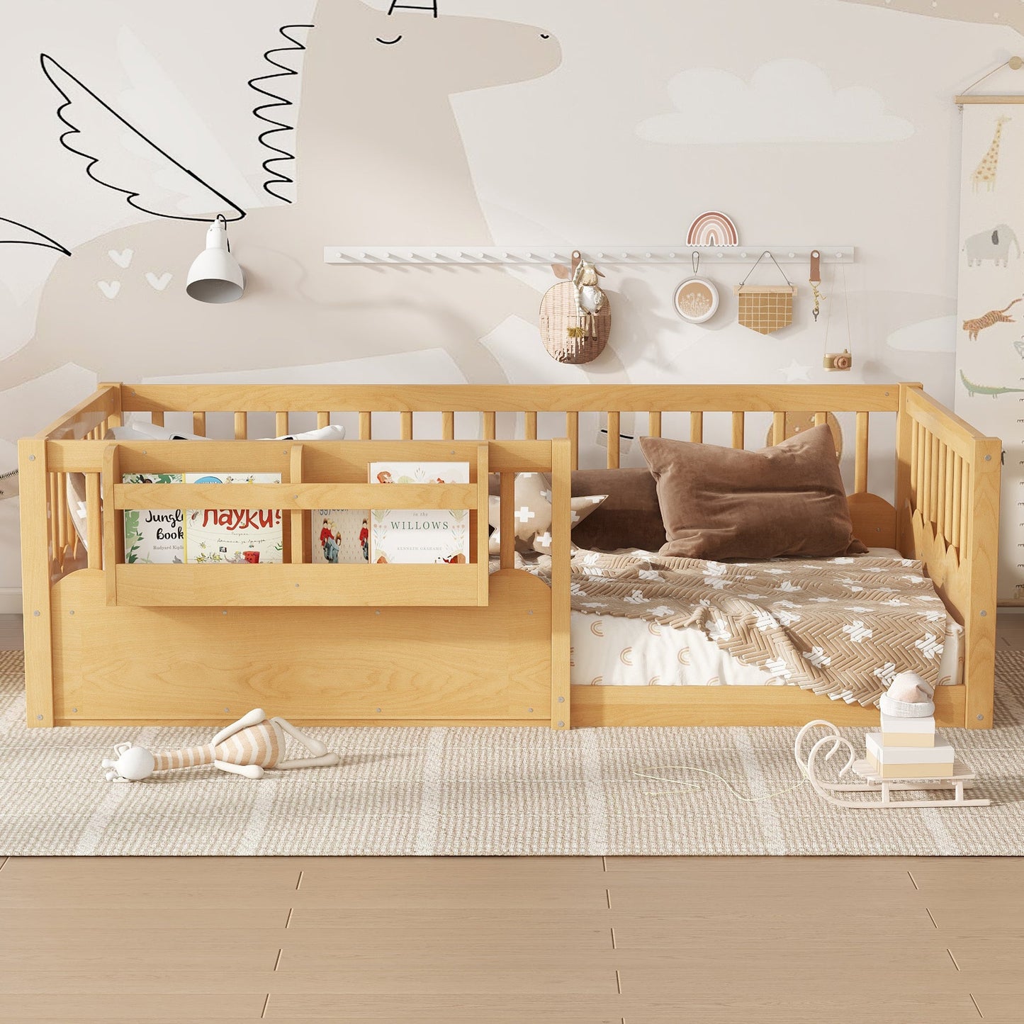 Twin Floor bed with Heightened Fence and bookshelf ,Wood Floor Bed for Kids, Natural.