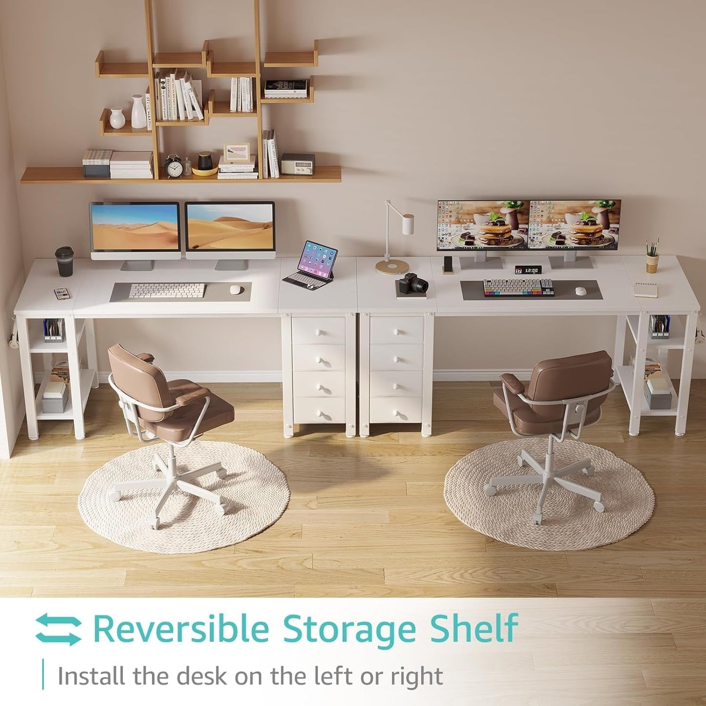 55 Inch White Computer Desk With Fabric Drawers And Storage