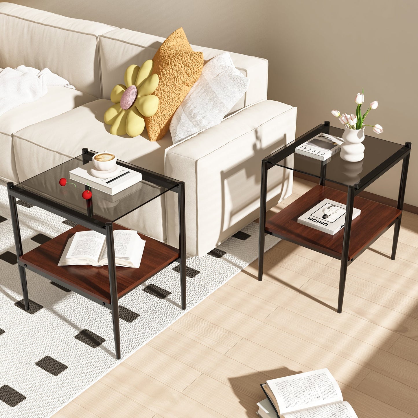 Set of 2 Rectangle End Table Gray Glass