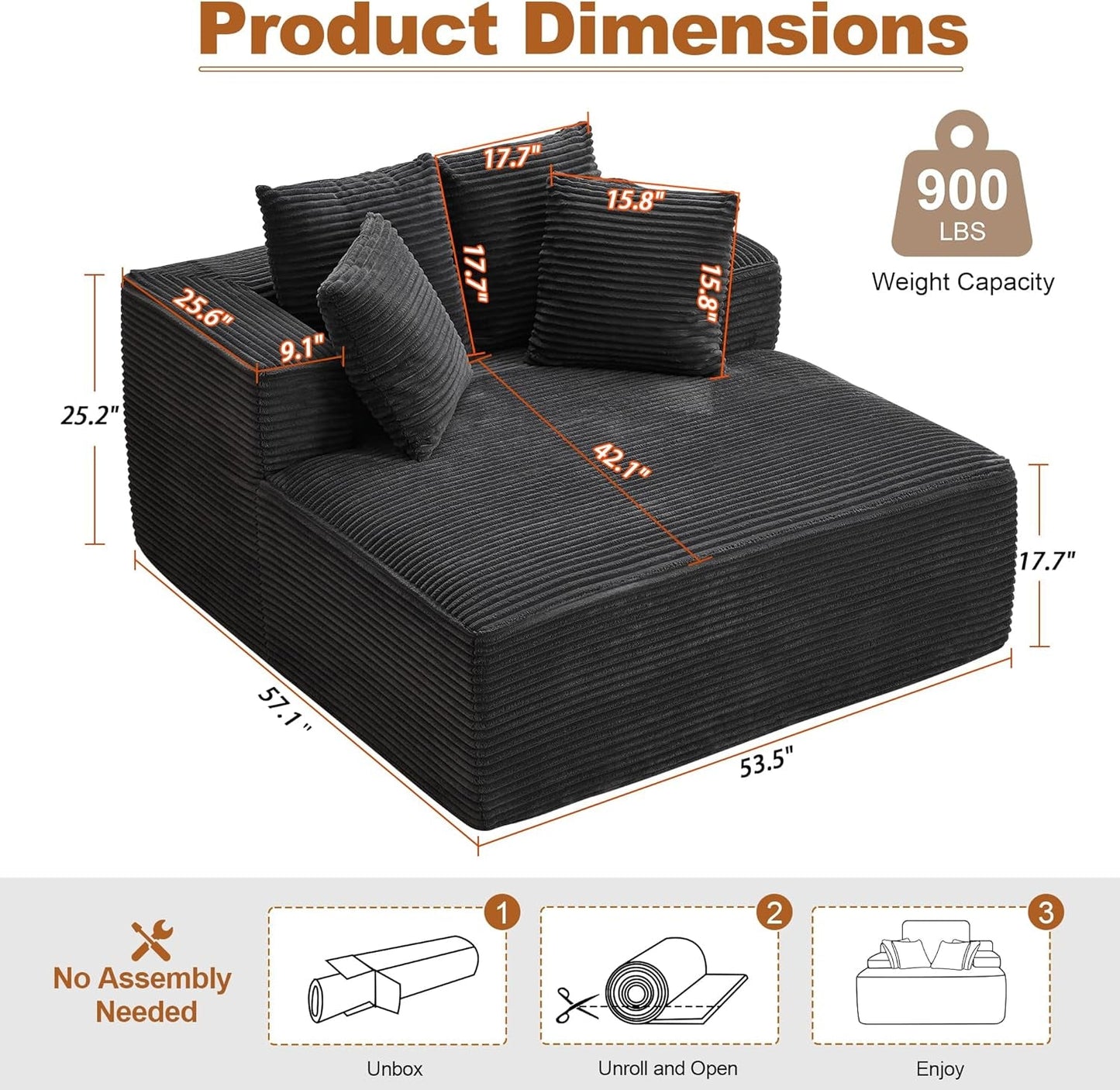 57Inch Luxuriously Plush Corduroy Chaise Lounge Grey