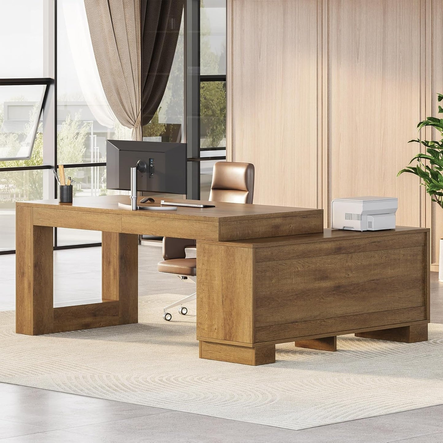 Brown 63 Inch Long L Shaped Desk With Sliding Cabinets