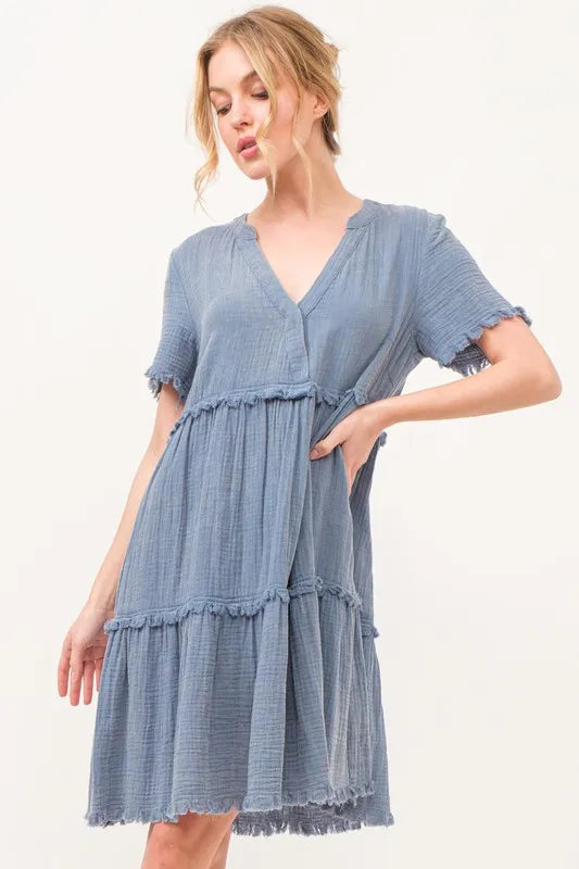 And The Why Washed Frayed Detail Tiered Dress