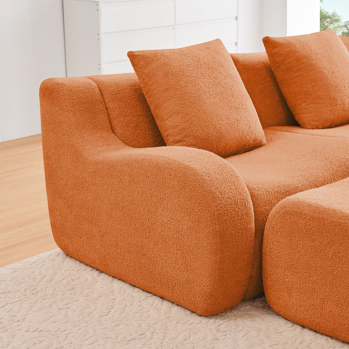 U-Shaped Boneless Sofa,Teddy Fabric No assembly required Curved armrest,Anti-slip Design,Streamlined Design 32D High Density Sponge,Full Compression Vacuum Packag,For Studies living Rooms,Orange
