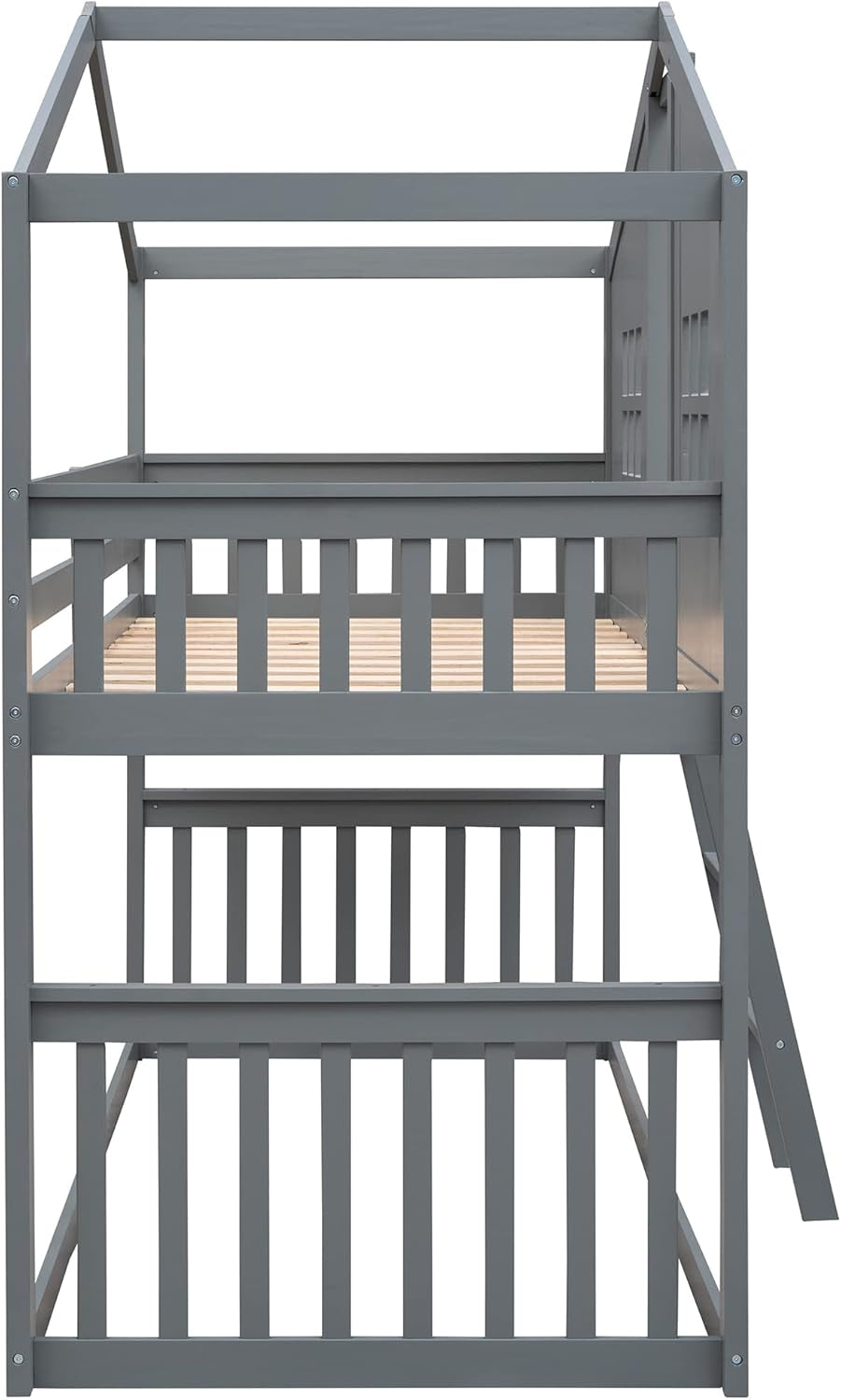 Gray Twin Over Twin House Bunk Bed With Roof For Kids