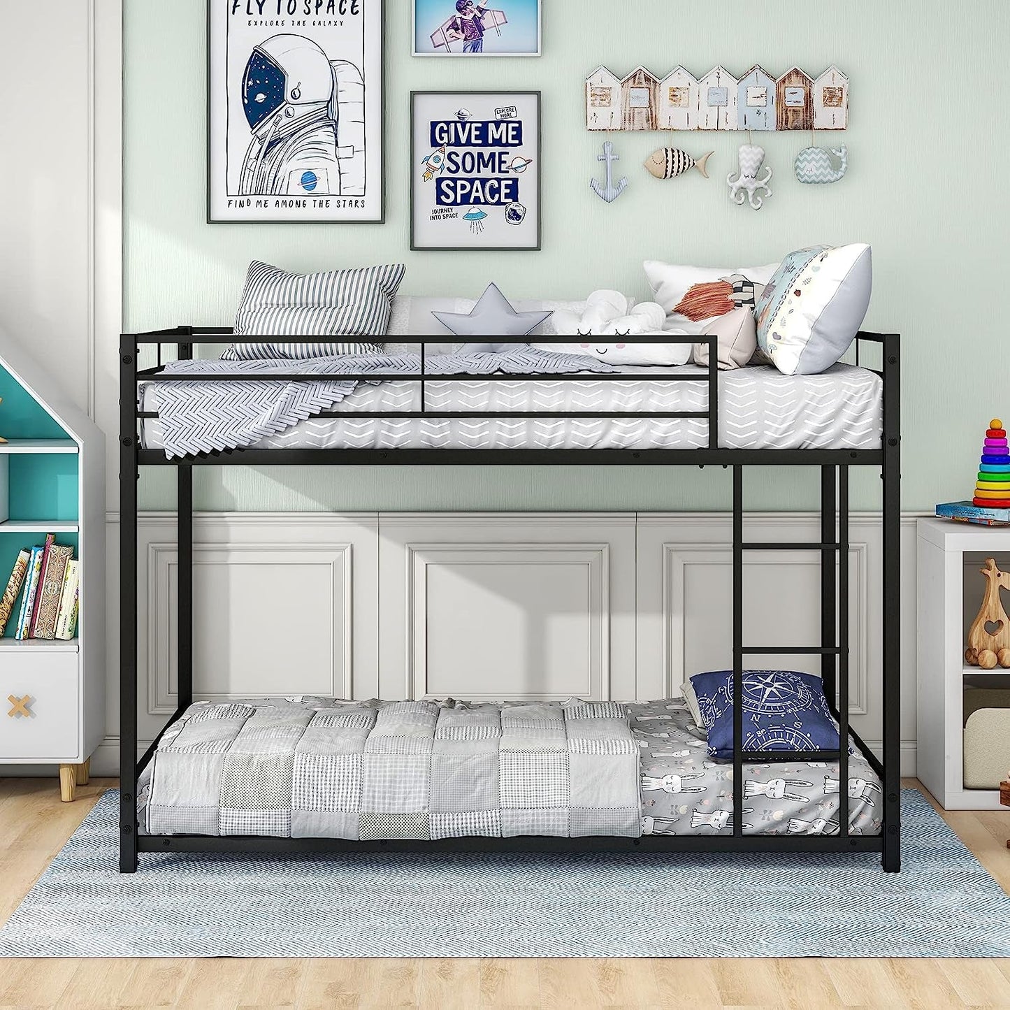 Twin Metal Low Bunk Bed With Guard Rails And Ladder