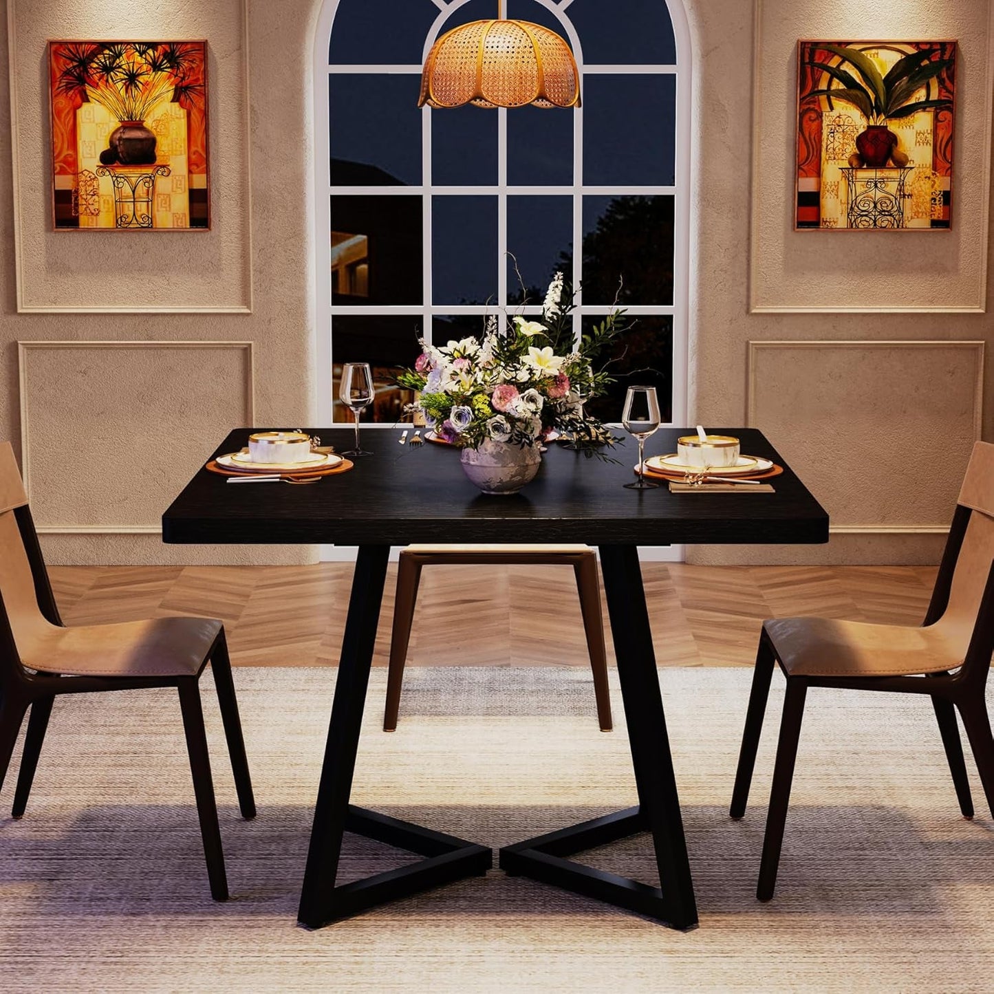 Square 31.5 Inch Industrial Dining Table Black Wood Panels