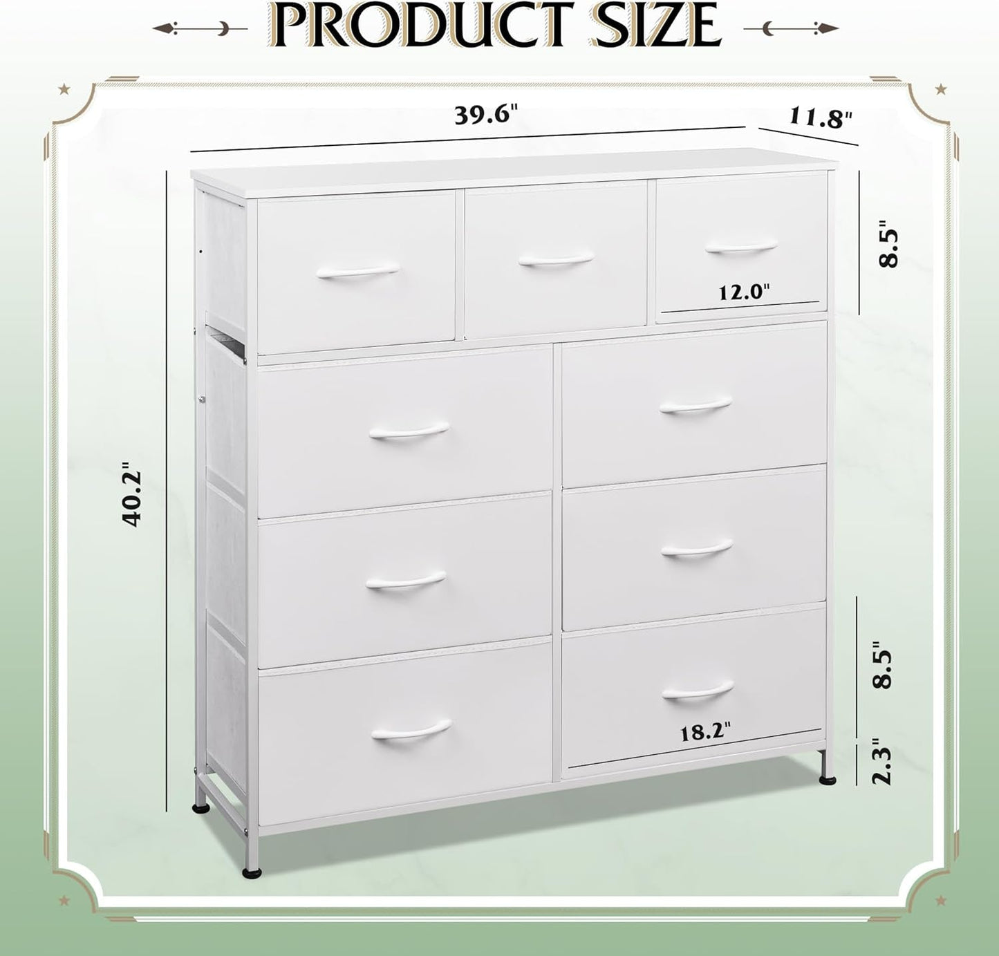 9 Drawer Fabric Dresser White With Steel Frame And Wood Top