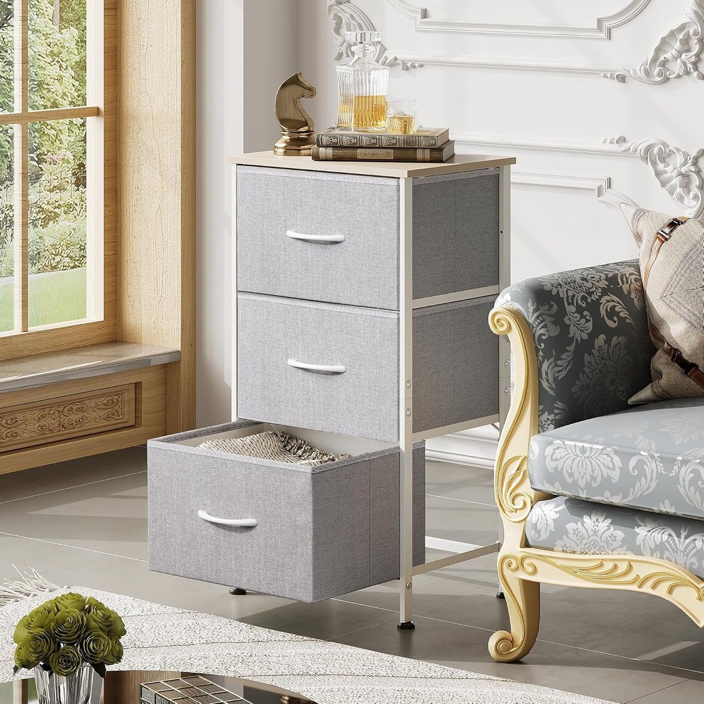 Light Grey Nightstand With 3 Drawers For Bedroom Hallway