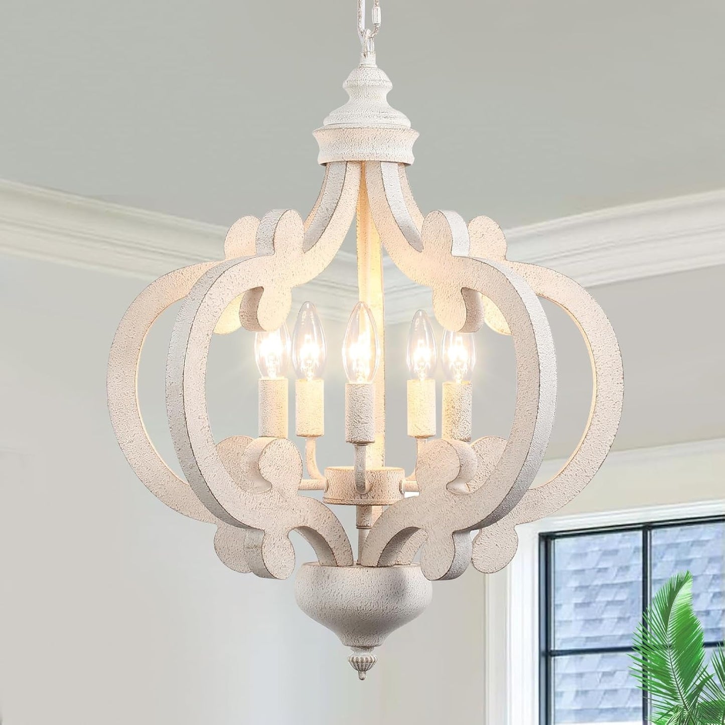 Wooden Farmhouse Chandelier Distressed White Five Lights