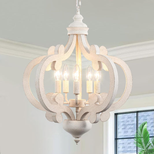 Wooden Farmhouse Chandelier Distressed White Five Lights