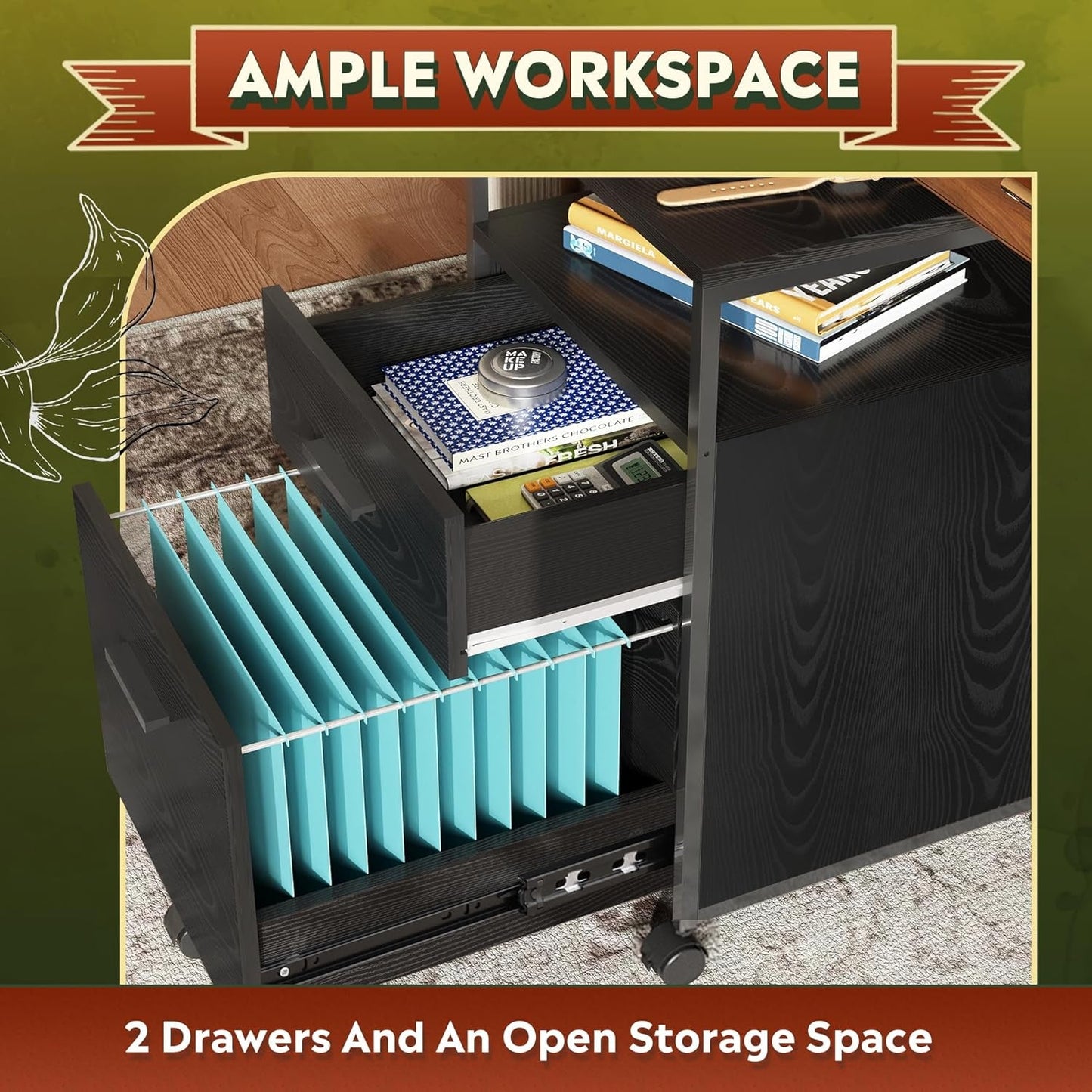 2 Drawer Mobile File Cabinet With Open Storage Shelf Black