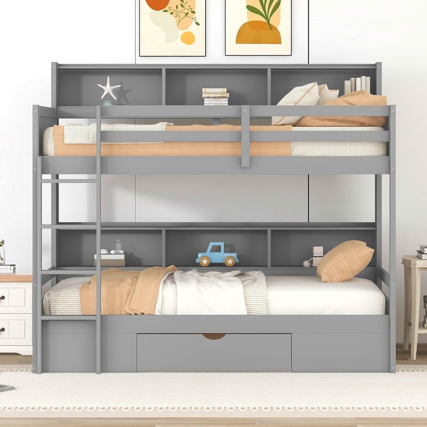 Gray Twin Over Twin Bunk Bed With Storage Drawers Shelves