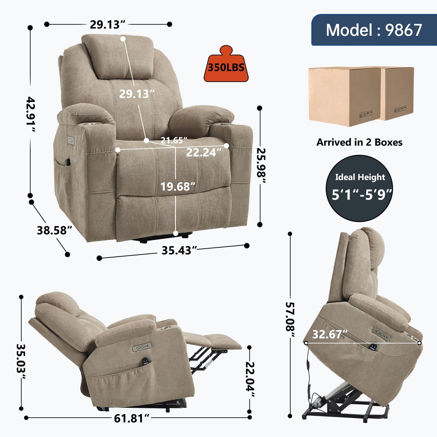 Up to 350 LBS polyester Power Lift Recliner Chair, Heavy Duty Motion Mechanism with 8-Point Vibration Massage and Lumbar Heating, USB and Type-C Ports, Stainless Steel Cup Holders, Khaki