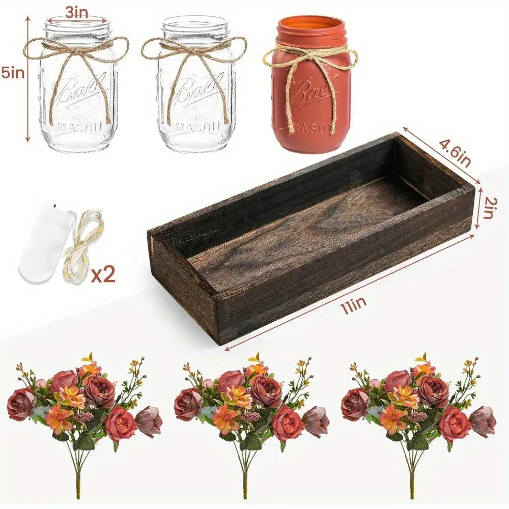 3pcs Mason Jar Centerpiece Table Decorations for Dining Table Decor Farmhouse Coffee Table Decor with Wood Tray and Led Light Table Centerpieces for Dining Room Kitchen Living Bathroom, Pink