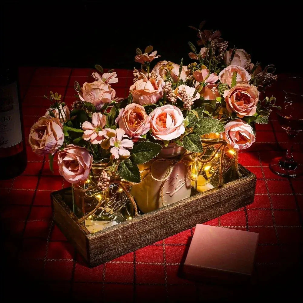 3pcs Mason Jar Centerpiece Table Decorations for Dining Table Decor Farmhouse Coffee Table Decor with Wood Tray and Led Light Table Centerpieces for Dining Room Kitchen Living Bathroom, Pink