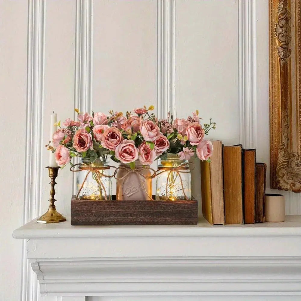 3pcs Mason Jar Centerpiece Table Decorations for Dining Table Decor Farmhouse Coffee Table Decor with Wood Tray and Led Light Table Centerpieces for Dining Room Kitchen Living Bathroom, Pink