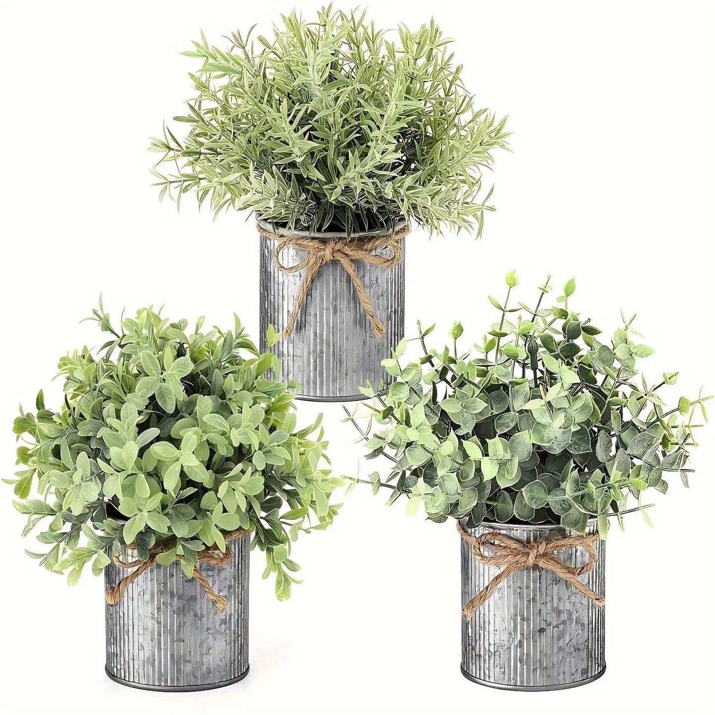 3pcs potted artificial eucalyptus tree, galvanized flower pot desktop center decoration suitable for shelves, offices, rural home decoration