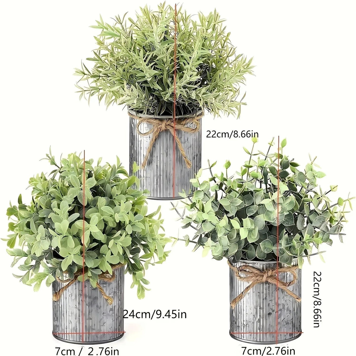 3pcs potted artificial eucalyptus tree, galvanized flower pot desktop center decoration suitable for shelves, offices, rural home decoration