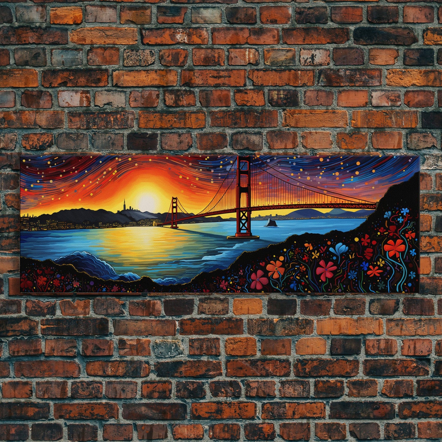 Golden Gate Bridge Abstract Panoramic Framed Canvas Print, Van Gogh Inspired Original Painting, Colorful California Wall Art