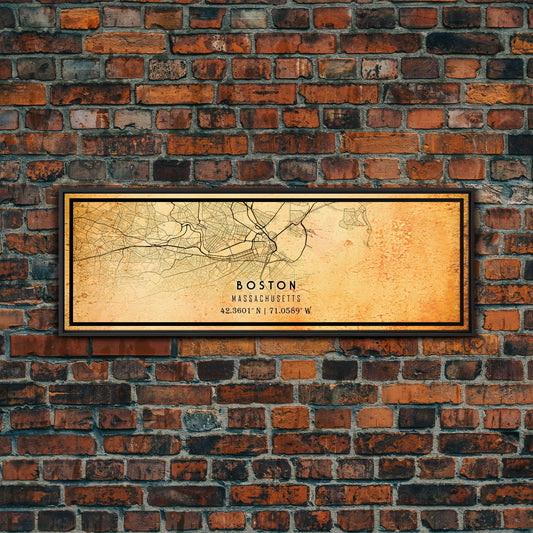 Old Panoramic Boston City Map Wall Art Canvas Print, Vintage Style Boston Map, Framed Wall Art, Cool Massachusetts Wall Art, Office Decor