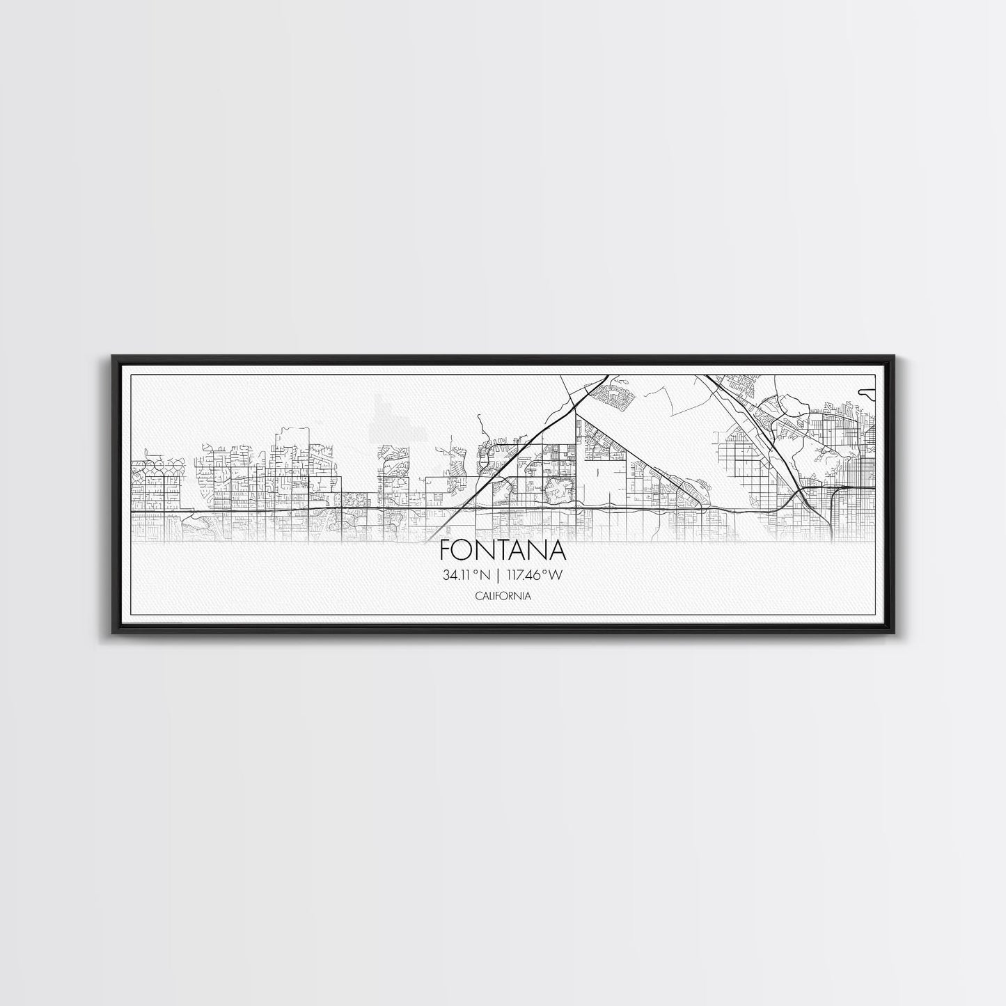 Panoramic Fontana City Map, California Art, Map Print, Minimalist Wall Art, Canvas Art, Housewarming Gift, Street Map Art, Closing Gift
