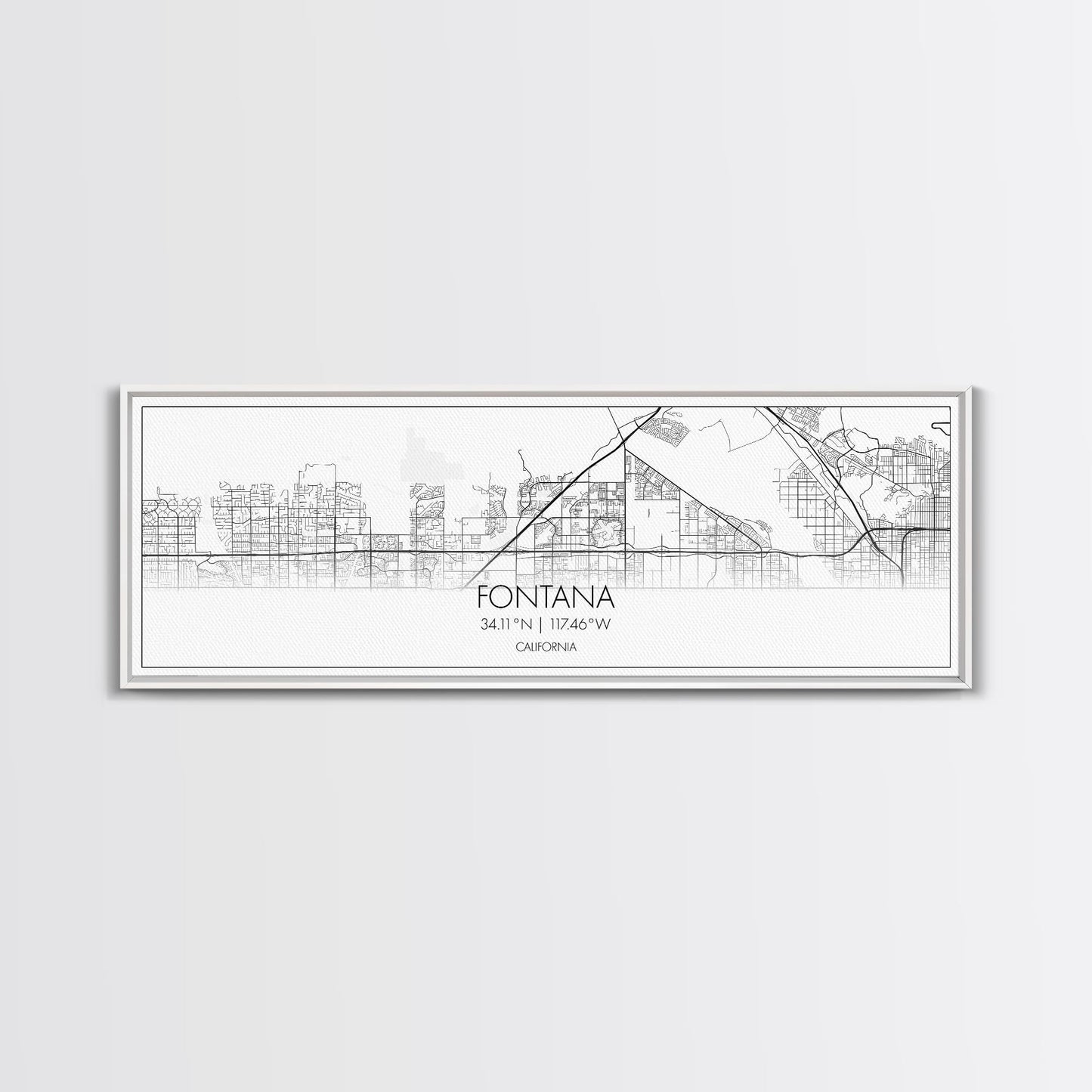 Panoramic Fontana City Map, California Art, Map Print, Minimalist Wall Art, Canvas Art, Housewarming Gift, Street Map Art, Closing Gift