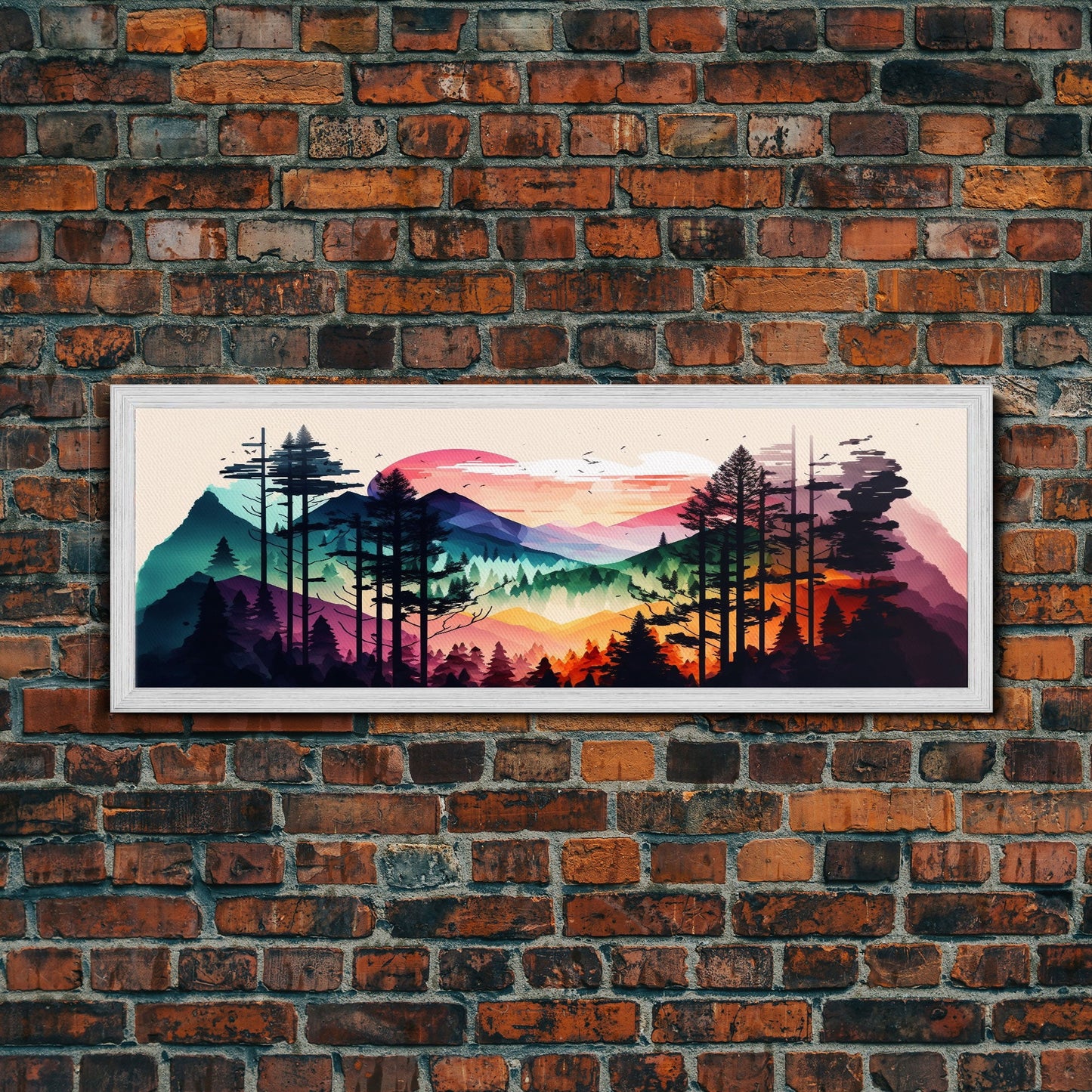 Vibrant Double Exposure Watercolor of a Mountain Landscape and Pine Tree Forest at Sunset, Wide Panoramic Framed Canvas Print