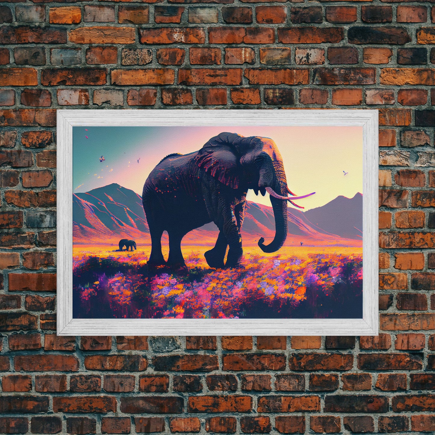 Elephants of Africa, Vibrant and colorful landscape, vaporwave, framed canvas print