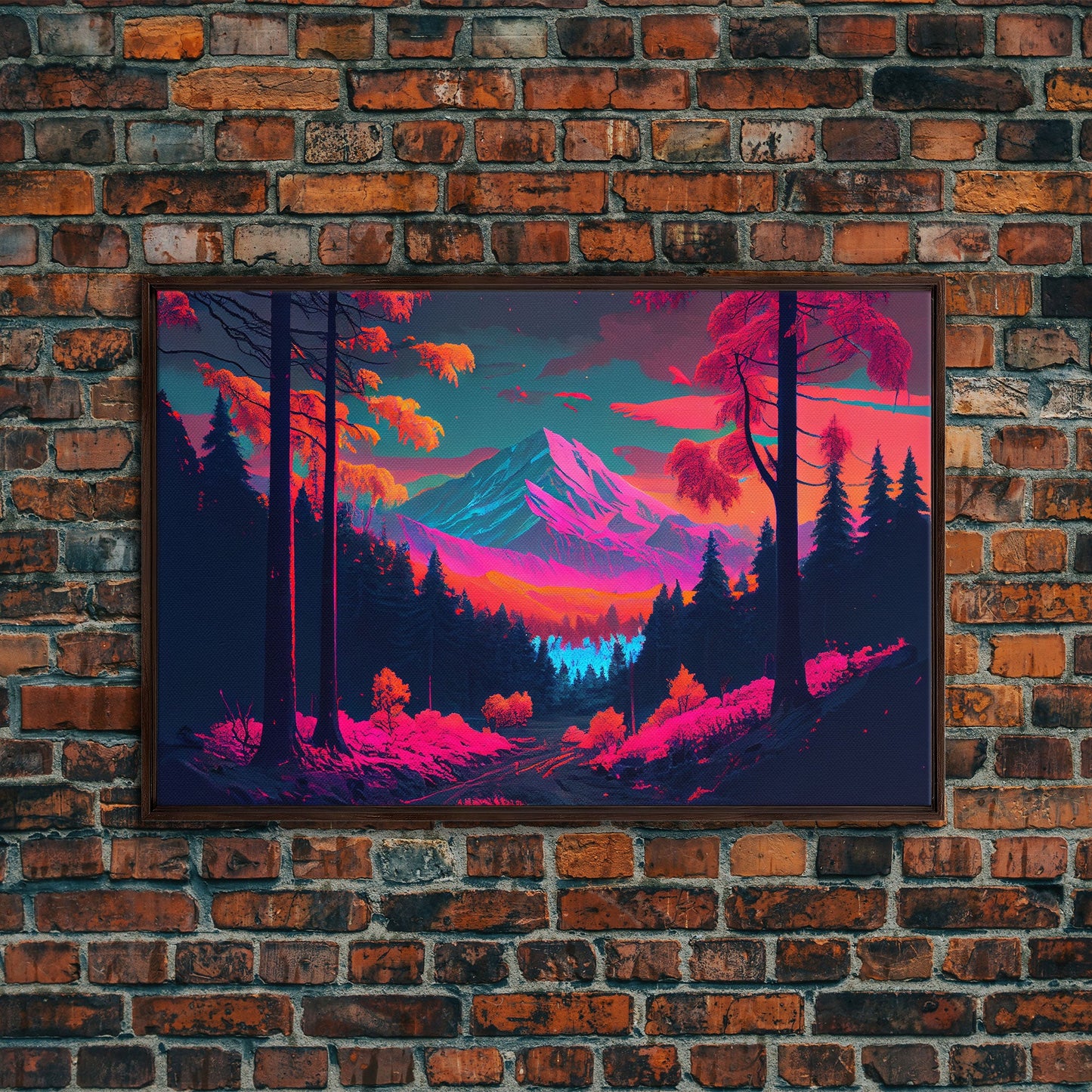 Synthwave style watercolor painting of a mountain and forest, framed canvas print, colorful wall art