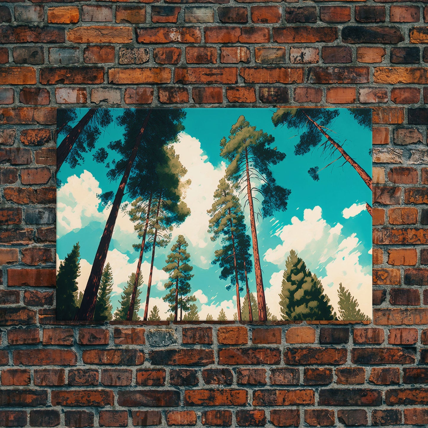 Pine Tree Forest and Blue Skies, Framed Canvas Print, Beautiful Wall Art, Living Room Wall Decor, Pine Cone Tree