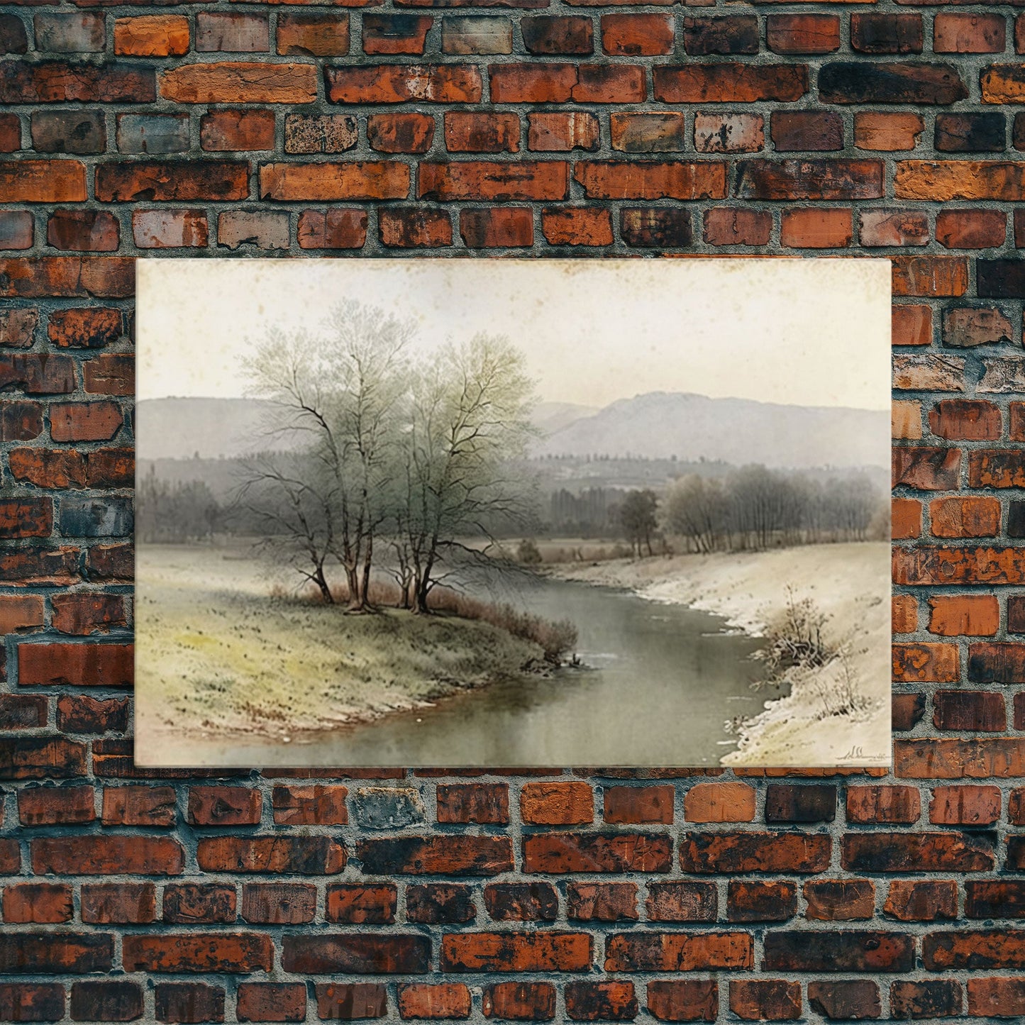 Rustic Vintage Landscape Wall Art Print, Nature Framed Large Gallery Art, Minimalist Art Ready to Hang, With Hangers, Muted Farmhouse Art