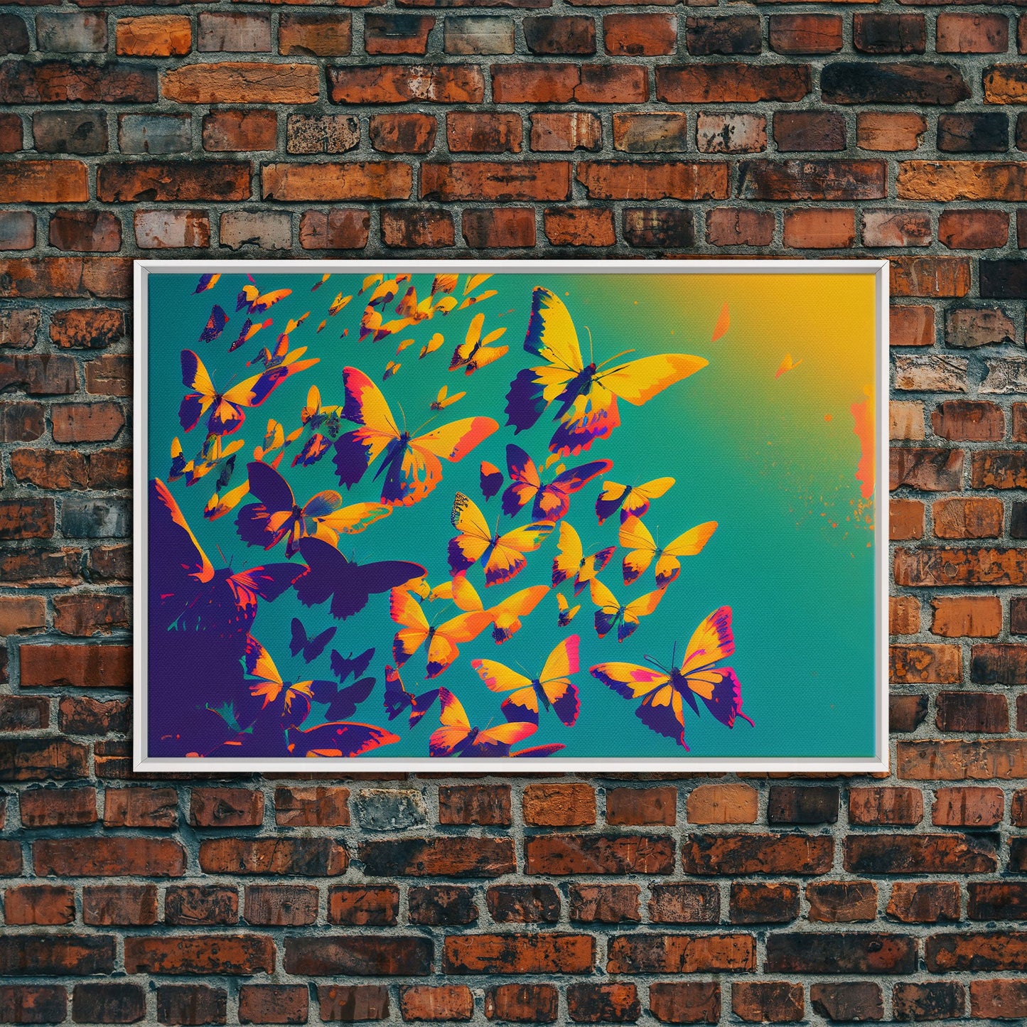 Synthwave Tangerine butterflies, beautiful butterfly art, framed canvas print, framed wall art