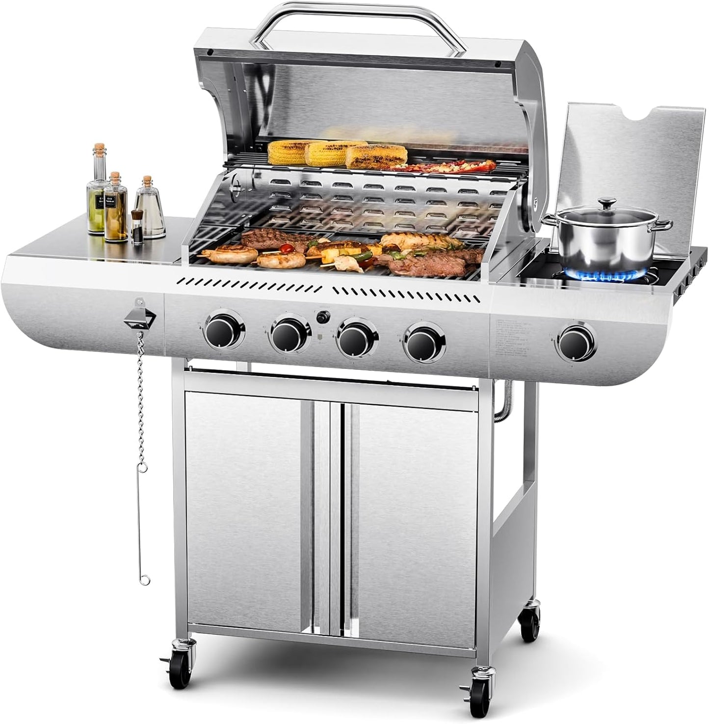 4-Burner BBQ Propane Gas Grill, 42,000 BTU Stainless Steel Barbecue Propane Grill with Side Burner G0141B