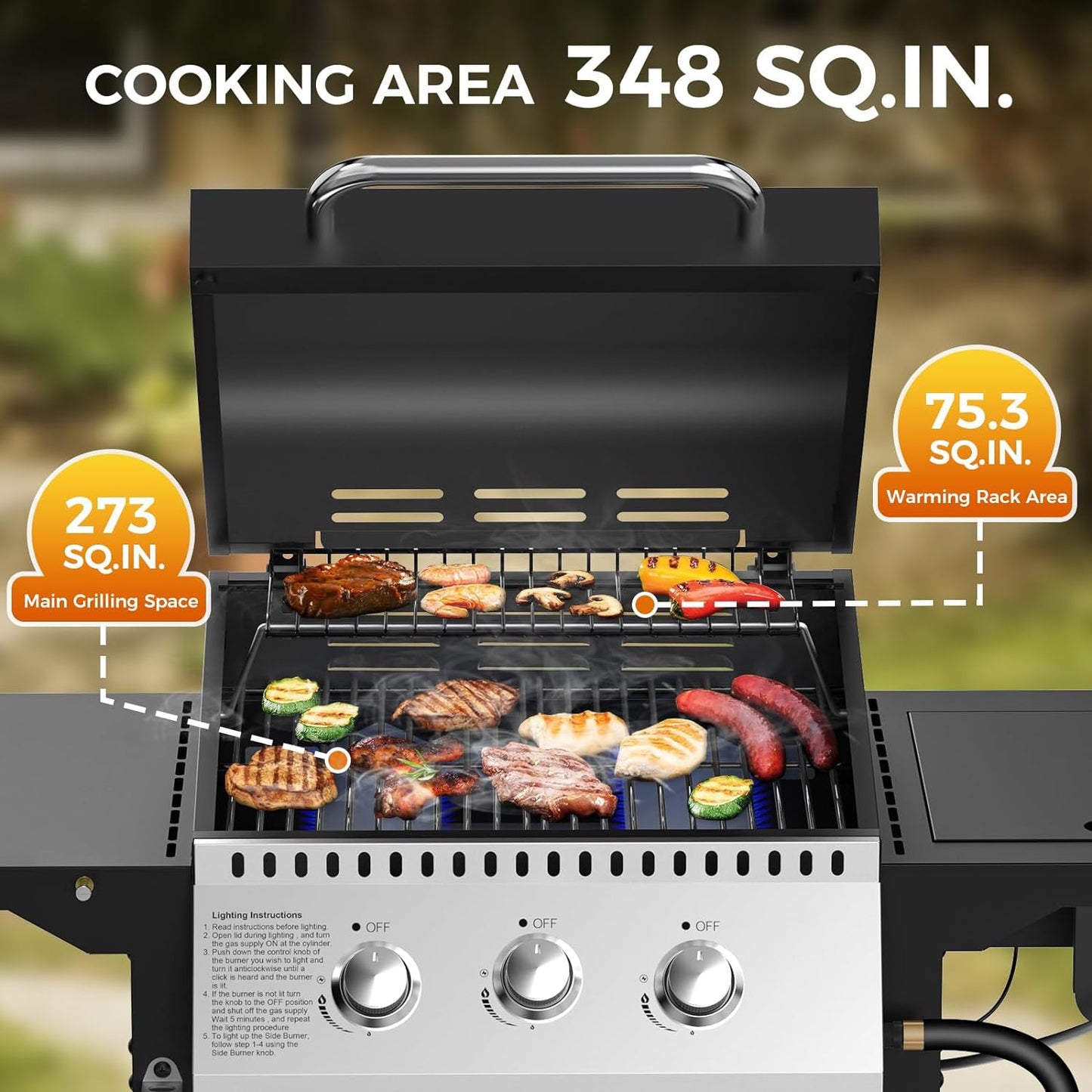 3 & 4-Burner Propane Gas Grills with Side Burners, for Outdoor Cooking, BBQ, Patio, Camping