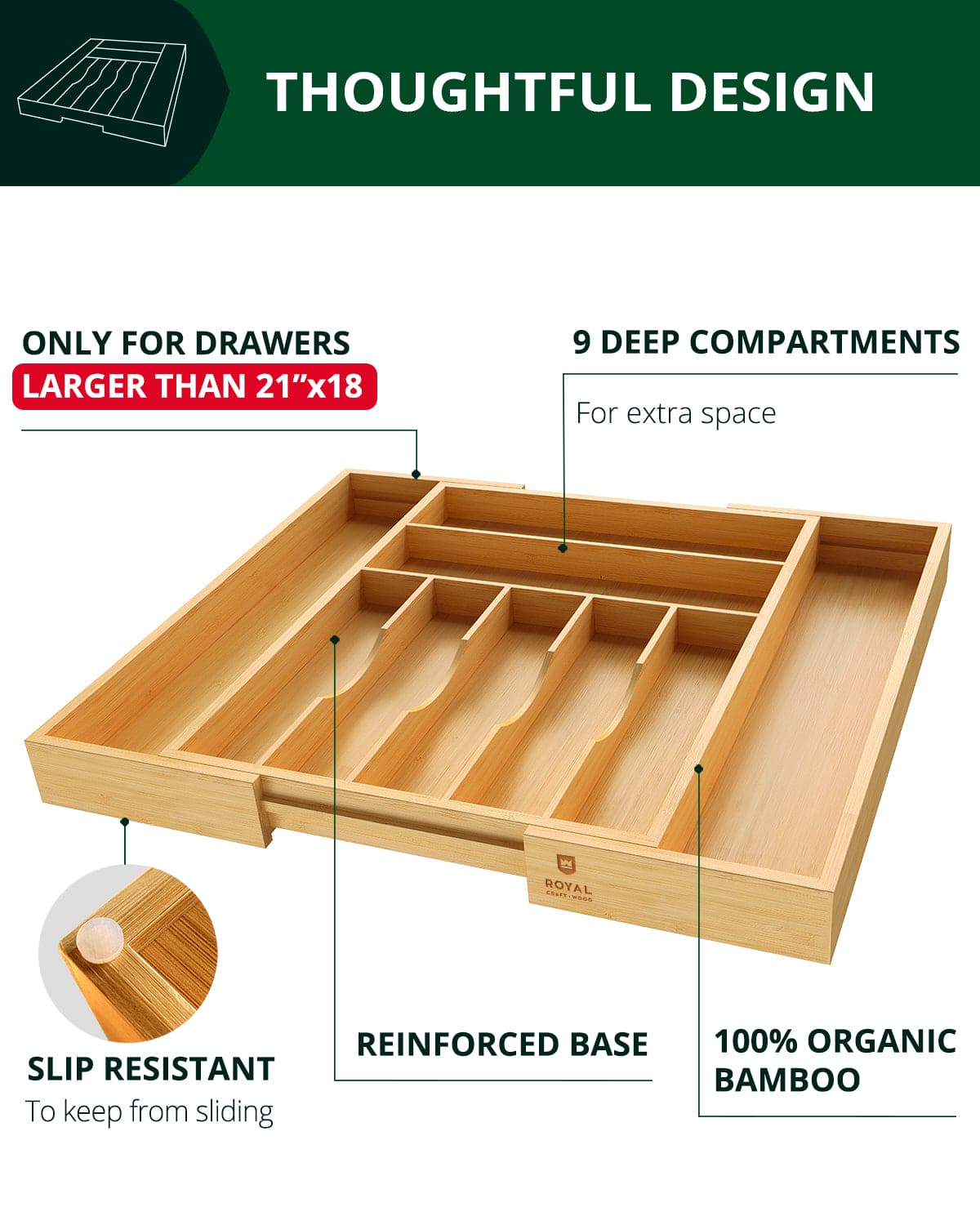 Silverware Drawer Organizer, Natural (9 Slots)