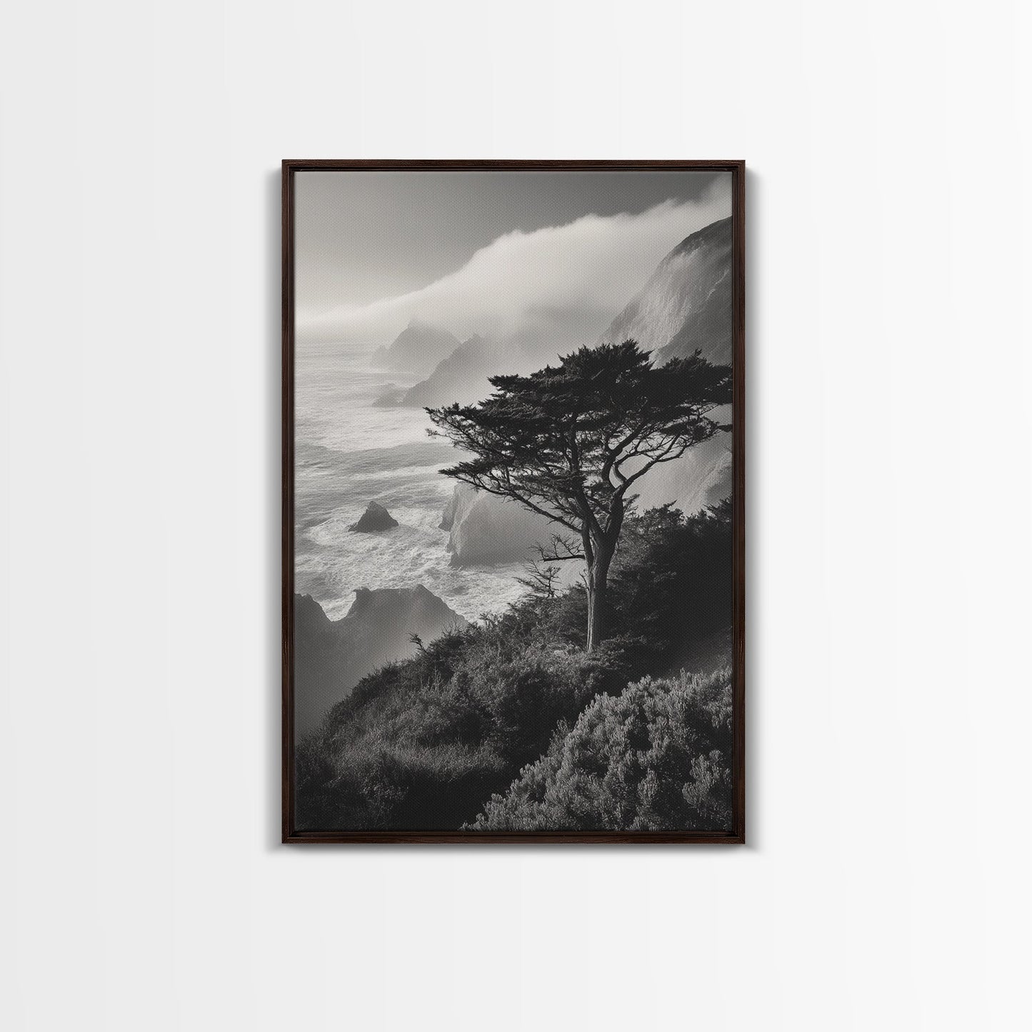 Tree On Cliffs, Foggy Coastline, Monochrome Coastal View, Moody Nature Scene, Framed Canvas Print, Bedroom Wall Art, Earthy Minimalist Decor