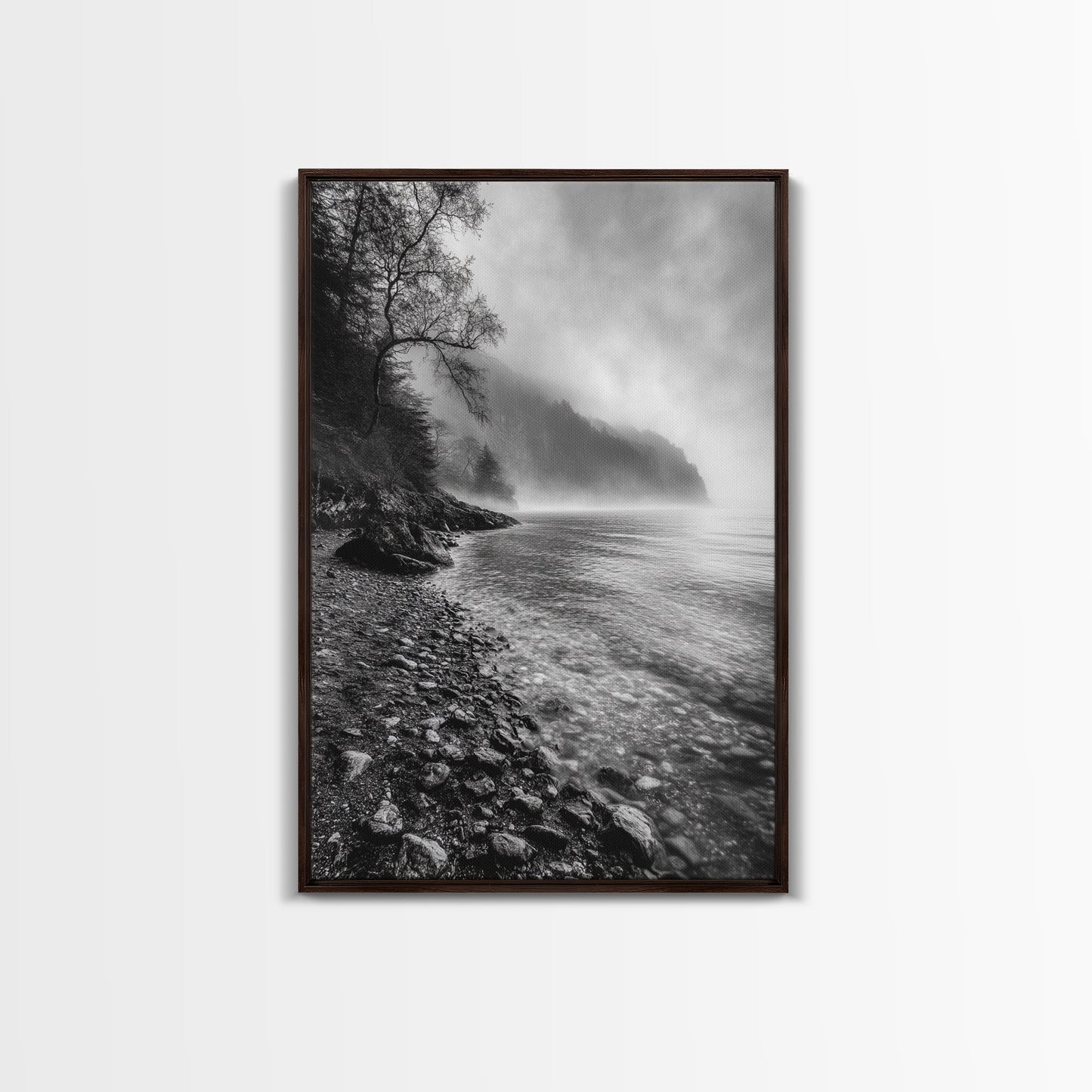 Foggy Coast, Moody Shore, Tranquil Pebbles, Forest Water, Framed Canvas Print, Bathroom Wall Art, Nature Photography Style, Calm Retreat Decor