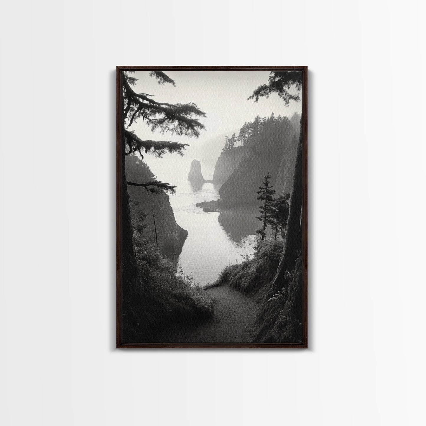 Forest Cliffs, Ocean Pathway, Misty Coast, Woodland Escape, Framed Canvas Print, Cabin Wall Art, Nature Trail Aesthetic, Autumn Mood Art