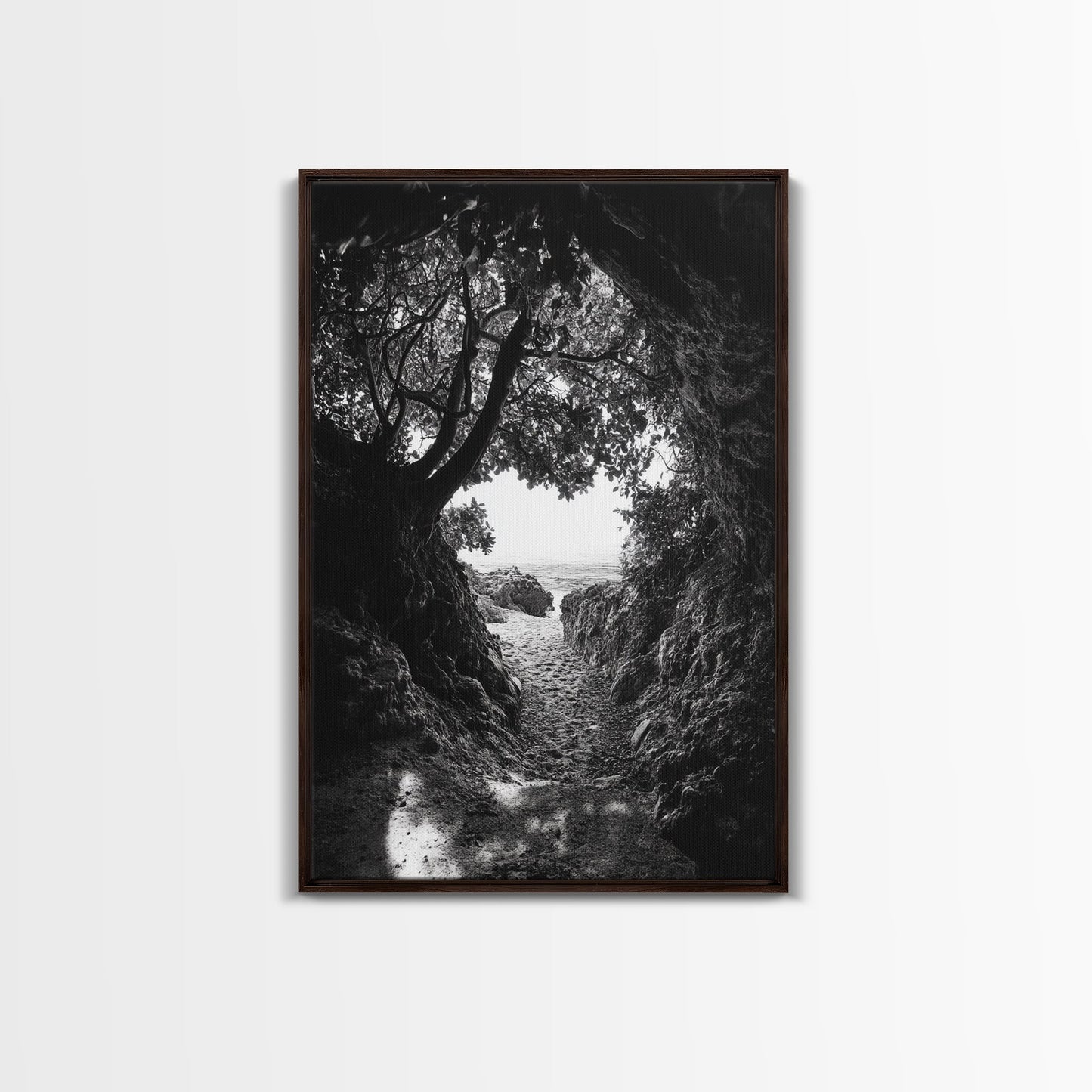 Hidden Beach, Cave Entrance, Secret Shoreline, Natural Light, Canvas Print, Bathroom Wall Decor, Travel Inspired Art, Black And White