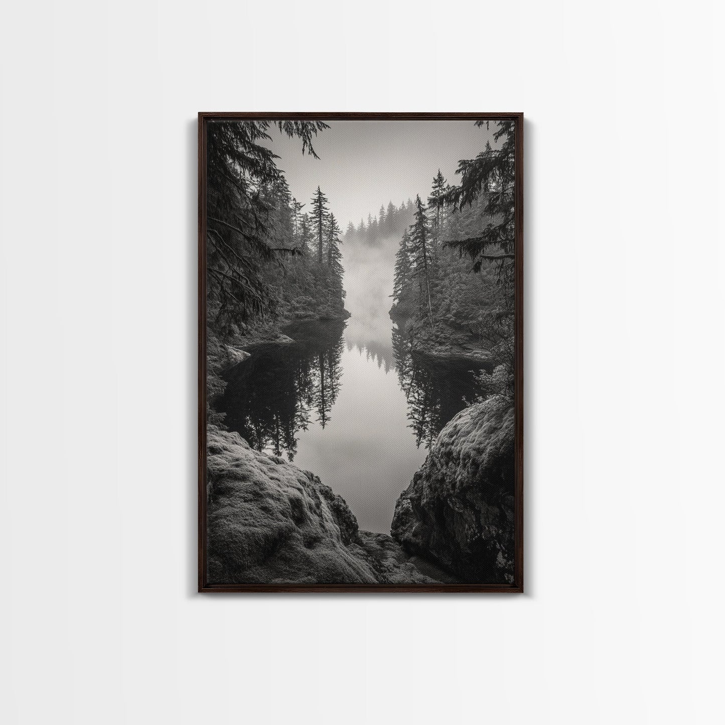 Misty Forest, River Reflection, Foggy Pines, Mountain Silence, Framed Canvas Print, Bedroom Wall Art, Tranquil Nature Photography, Zen Decor